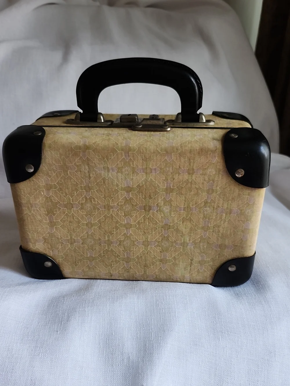 Vintage 1950's Yellow Fabric Black Leather Trim Hard Case Cosmetic Bag , $40